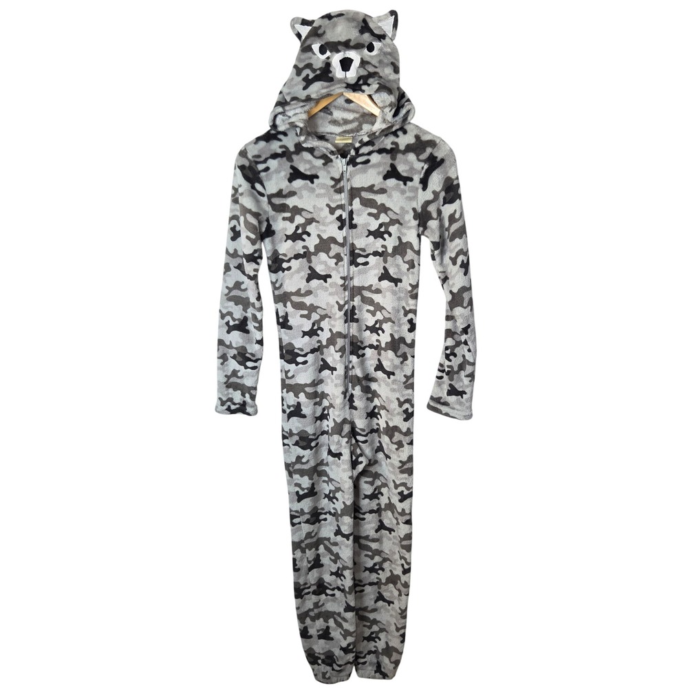 Open Trails Boys Gray Camo Wolf Hooded Fleece Union Suit Pajamas Size L 12/14
